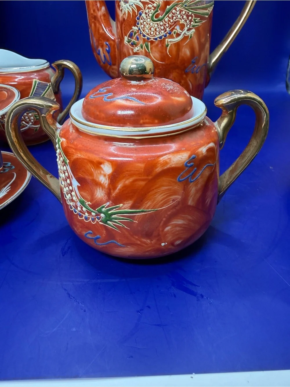 Rust Red Dragonware Porcelain Tea Set with Gold Accents - Vintage